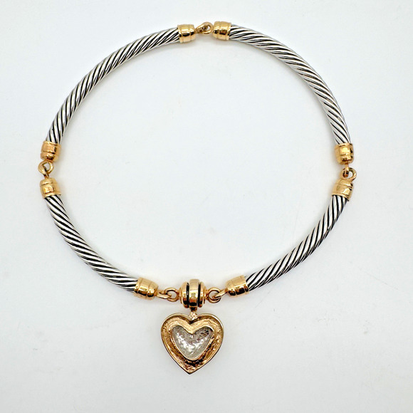 Stocko Heart Pendant Necklace Snap Clasp Two Tone Twisted Cable Choker 15" - Picture 6 of 7